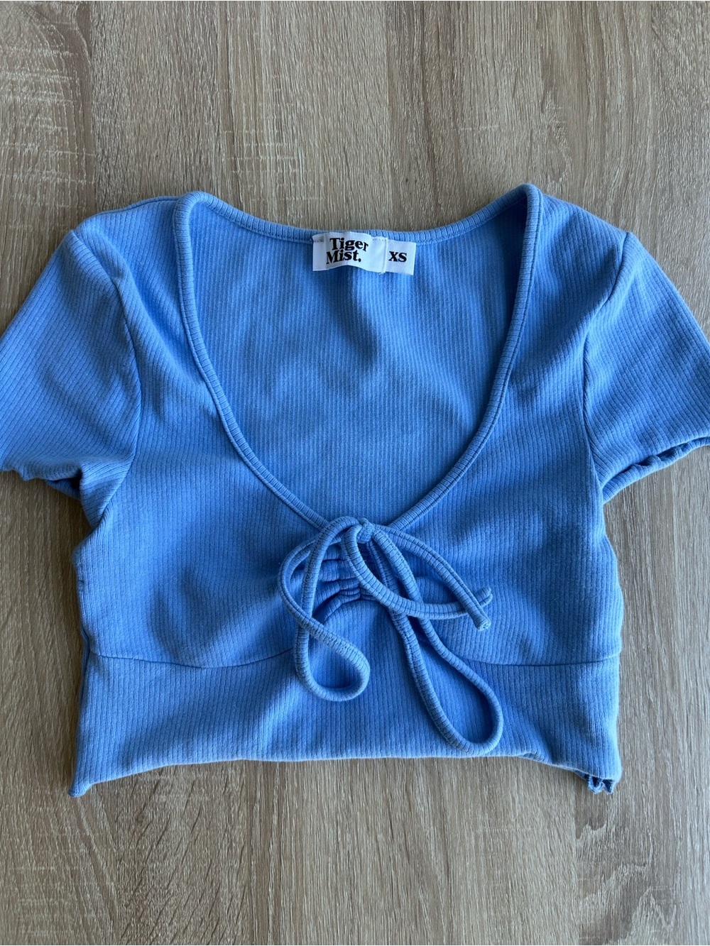 Tiger Mist Light Blue Ribbed Tie-Front Crop Top